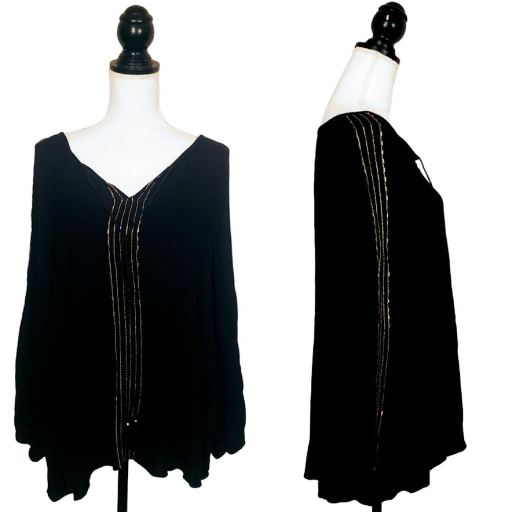 LANE BRYANT Top, Black Gold 100% Rayon Long Sleeve Tassels Semi Sheer, 14/16